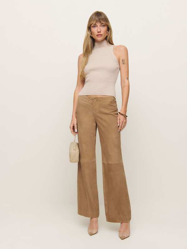 Pantalon taille basse en cuir Veda Vida - Daim noix de pécan