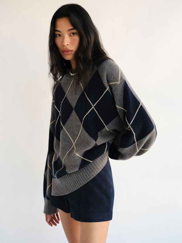 Pull ras-du-cou oversize en cachemire Cove - Tonnerre Multi Argyle