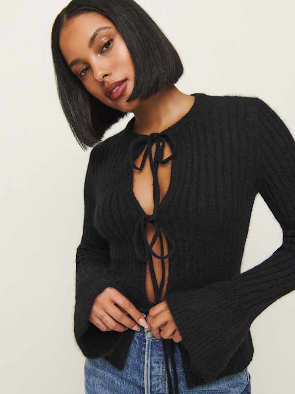 Rebecca Cashmere Alpaca Tie Front Cardigan - Black