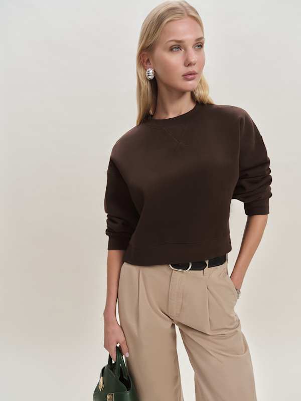 Sweat-shirt oversize court vintage à col rond Grace - Brun