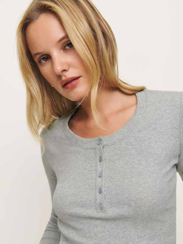 Jayden Long Sleeve Henley Tee - Heather Grey