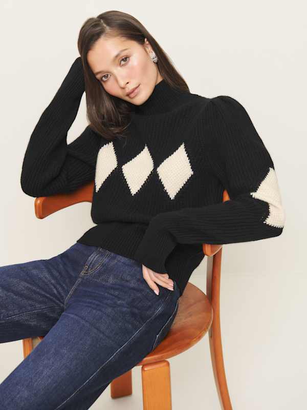 Pull à col roulé en cachemire Diamond - Crème noire