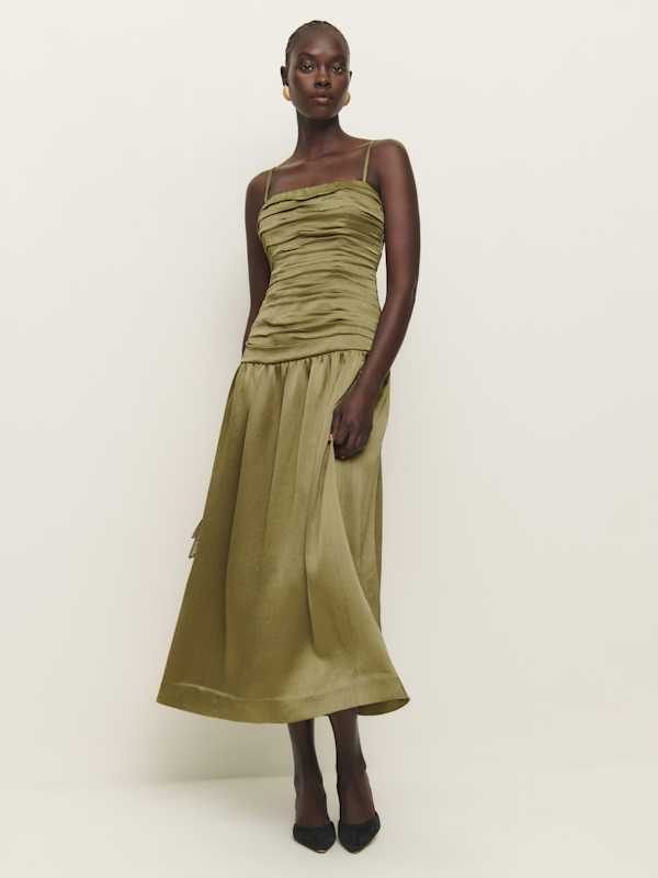 Zeya Satin Dress - Olive Oil Crinkle