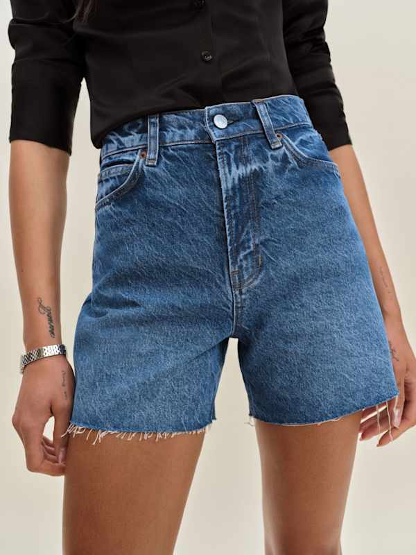 Short en denim à taille haute Saige, 10 cm - Pélican