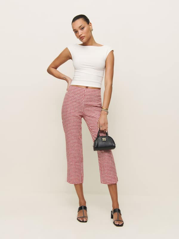 Pantalon capri taille basse en lin Petra - Rouge franc à carreaux