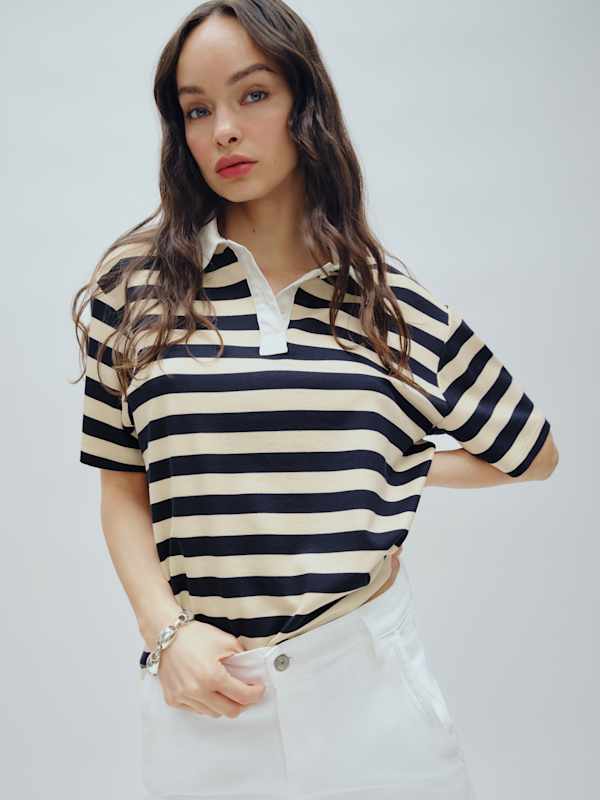 Jean Knit Shirt - Cream And Navy Stripe