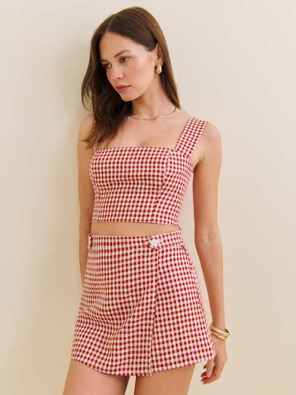 Clover Linen Skort - Tomato Check