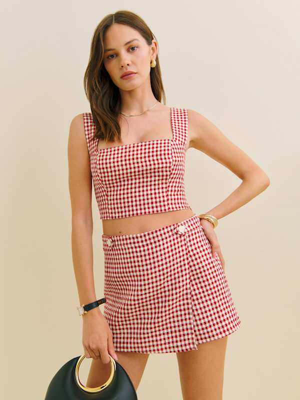 Jasmine Linen Top - Tomato Check