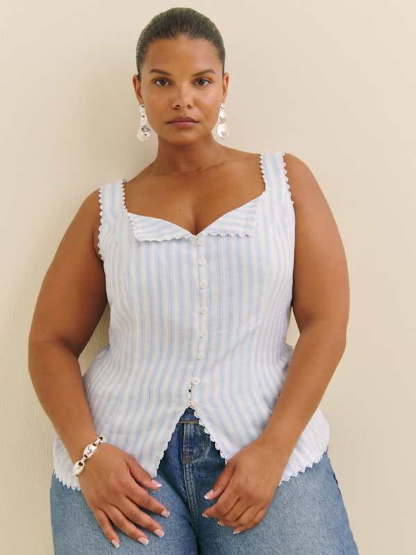 Viola Linen Top Es - Swan Stripe