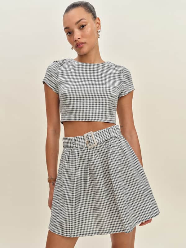 Niki Belted Linen Two Piece - Slate Check