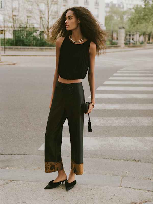 Olina Cropped Pant - Black Jacquard Hem