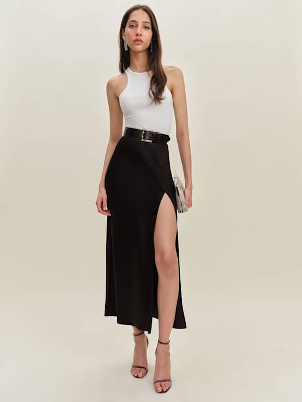 Layla Satin Skirt With Slit - Black