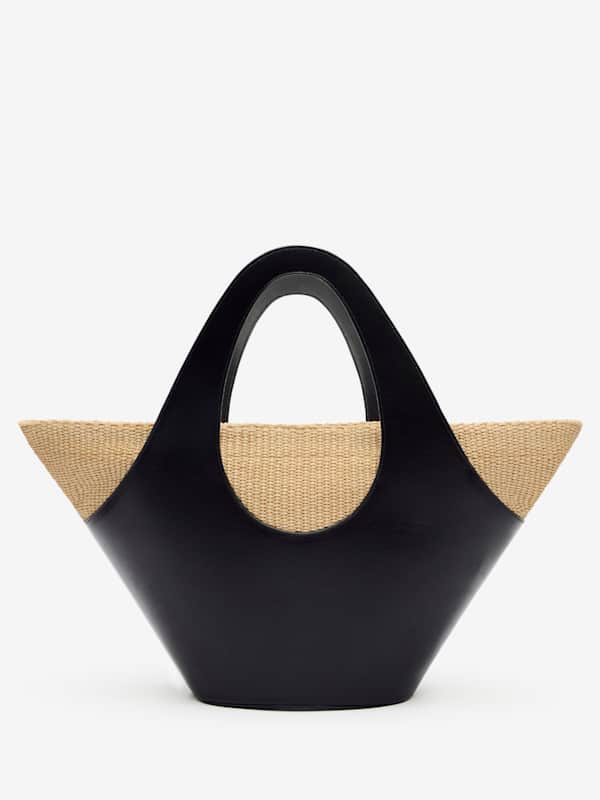 Cabas à anse supérieure Siena - Cuir noir raphia naturel