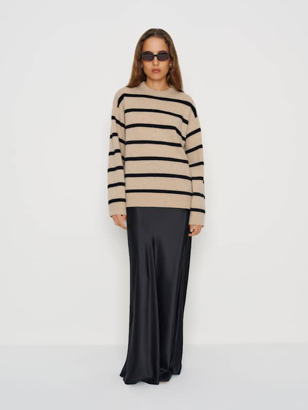 Pull ras-du-cou en laine régénérative Fabian - Linen Black Stripe
