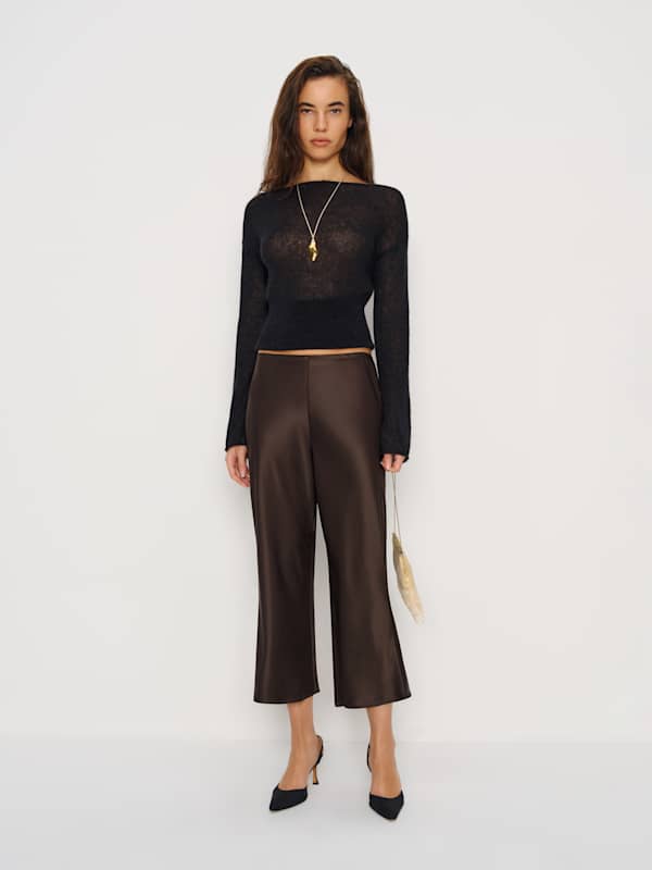 Pantalon capri taille mi-haute en satin Gale - Brun