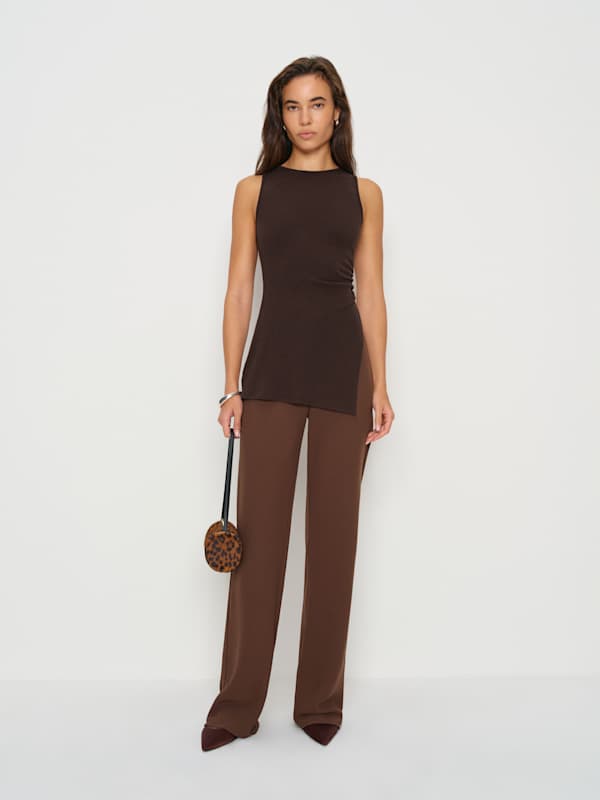 Pantalon taille mi-haute coupé dans le biais Gale spécial Petites - Café