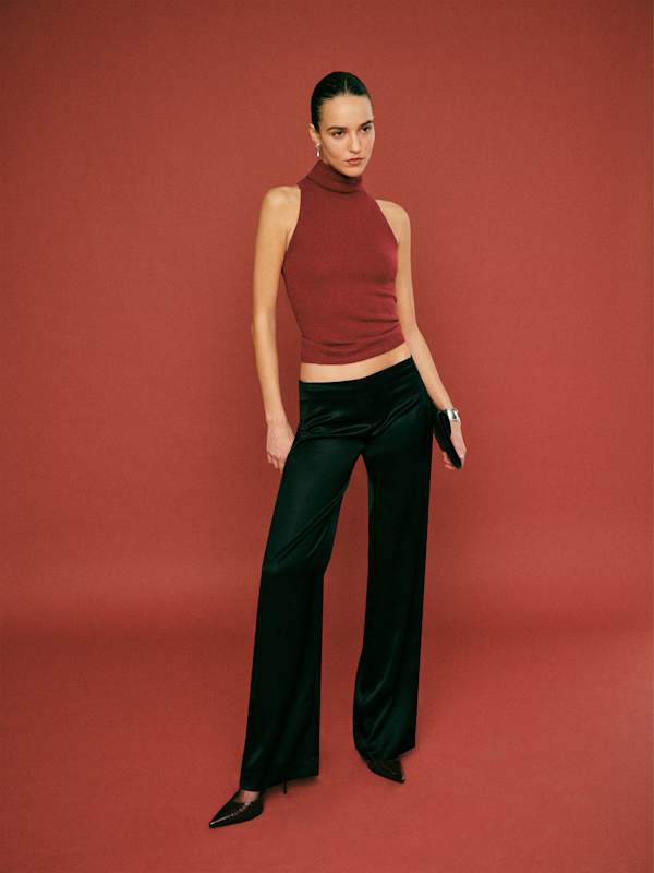 Pantalon taille basse en satin Vida - Noir