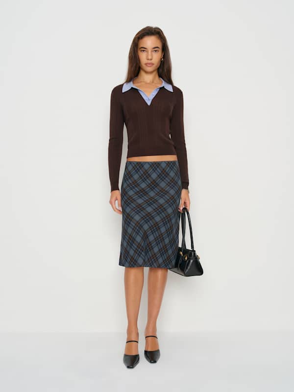 Layla Knee Length Skirt - Gris ardoise à carreaux