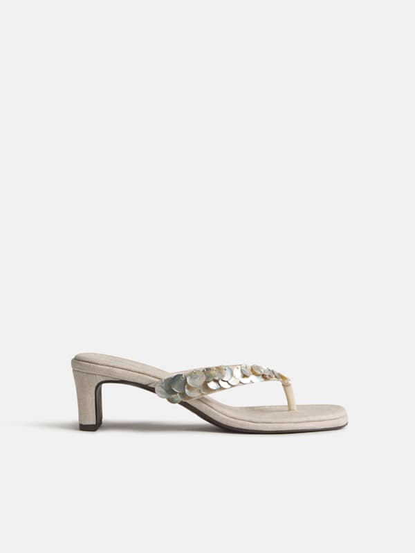 Jessie Block Heel Sandal - Oatmeal Linen Mother Of Pearl