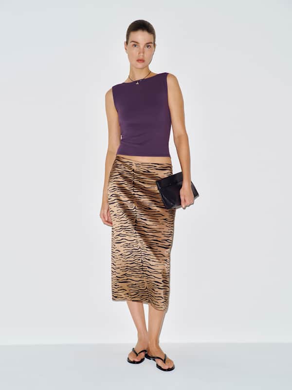 Jupe midi en soie taille basse Helen - Tan Tiger
