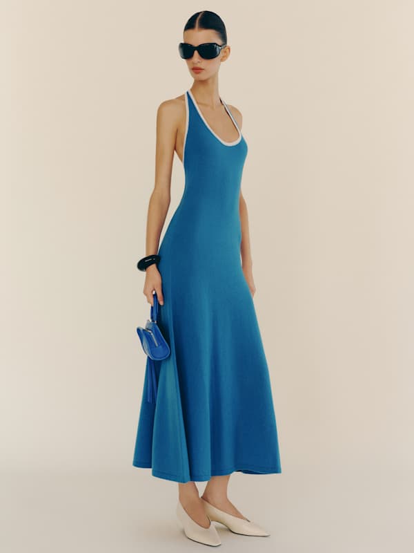 Mia Cashmere Halter Dress - Cerulean Gossamer Contrast