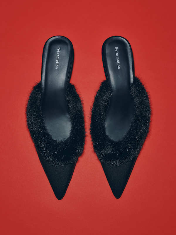 Wyler Heeled Mule - Black Satin Black Fur