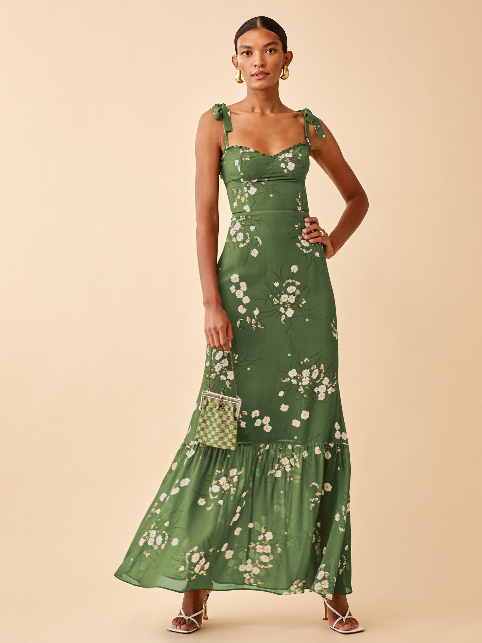 reformation jasen dress green REFORMATION Jasen Floral-Print Crepe Maxi Dress