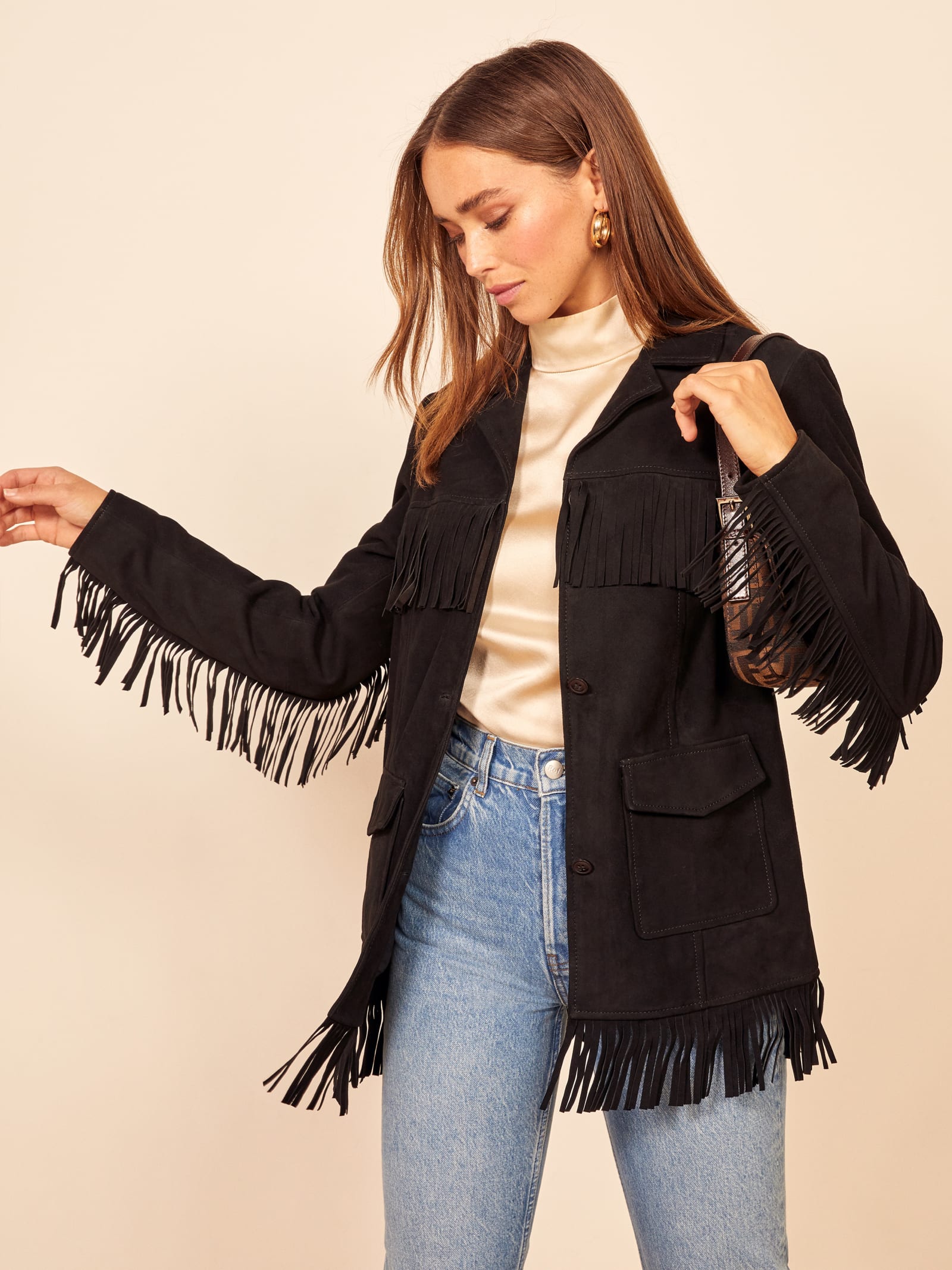 Relaxed button up fringe jacket Outlet