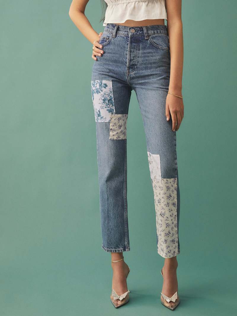 Cynthia Linen Patch High Rise Straight Jeans