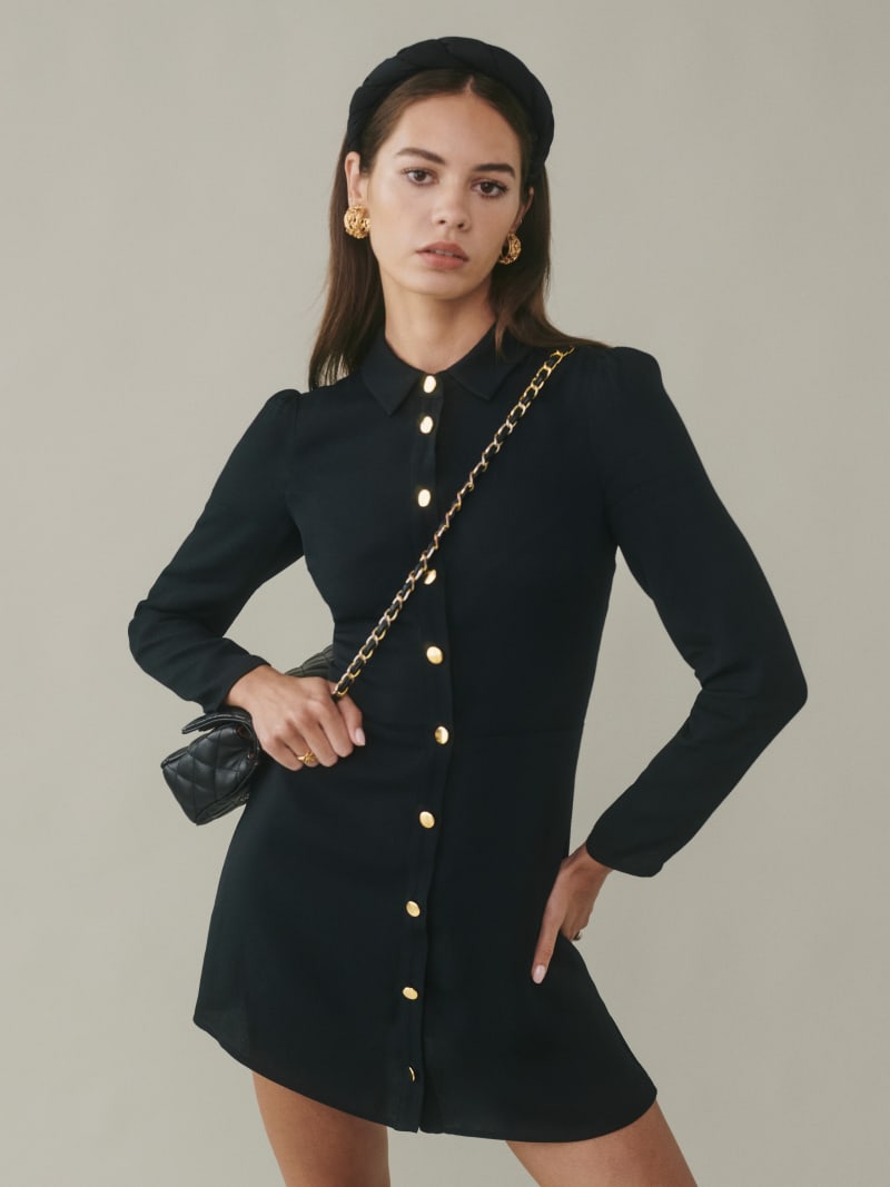 princess polly baby blue dress Reformation Long Sleeve Mini Shirtdress Rana Black Stretch Cotton Size –  Celebrity Owned main image 0