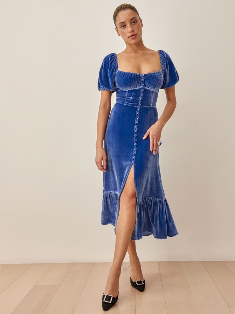 princess polly baby blue dress Floral Tie-Shoulder Split Midi Dress in Blue