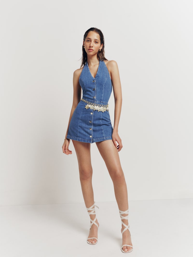 white christmas dresses Stretch Denim Halter Dress Medium / Medium Denim Blue main image 0