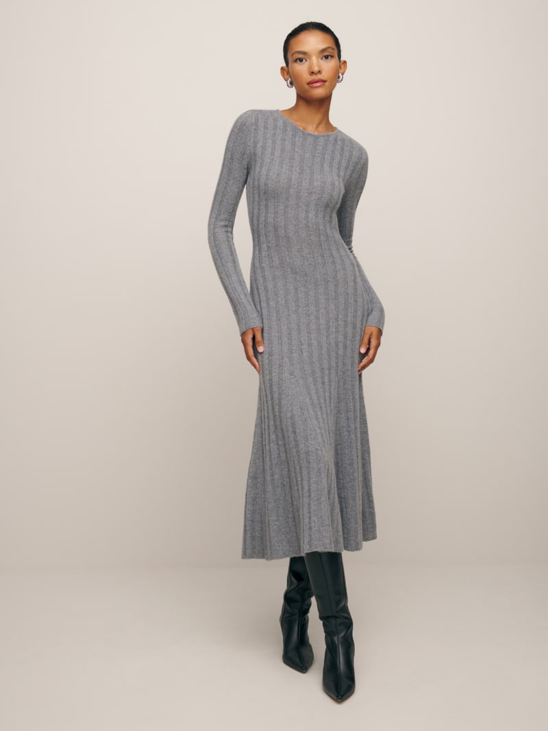 Ribbed knit dress with turtleneck from virgin wool-cotton mix - green, Knitted  dresses