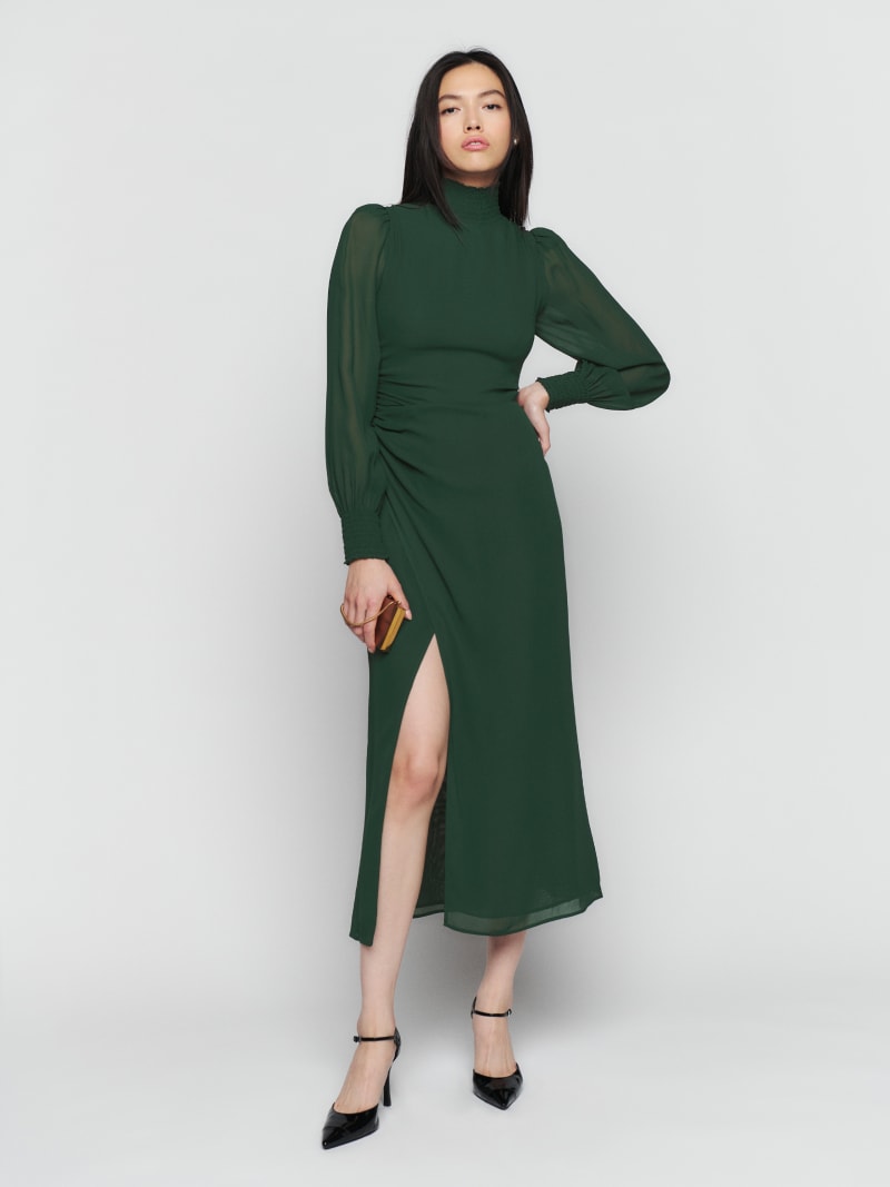 reformation long sleeve dress Alaine Silk This dress features a flattering boatneck and long sleeves REFORMATION Kori Knit Maxi Dress