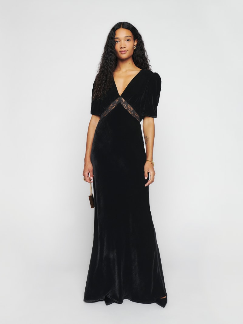 green emerald velvet dress Reformation Sofia Gold Silk Sleeveless Slip Midi Dress – The Closet New York main image 0