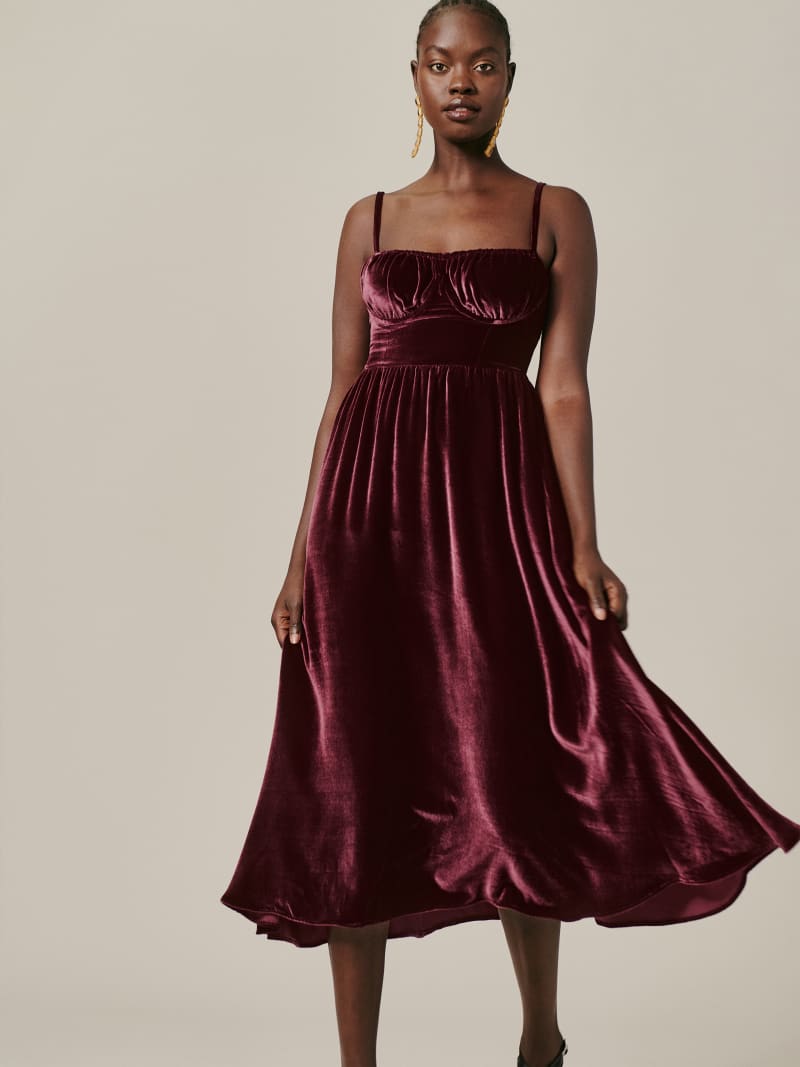 reformation burgundy velvet dress Square Neck Velvet Dress,French Vintage Red Dress,Autumn Winter Long S –  Simplepromdress main image 1