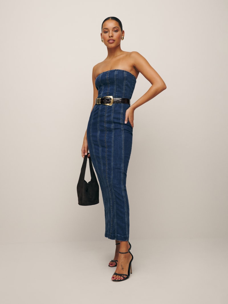 strapless denim midi dress Dark Wash - Denim Dress - Denim Dress The dress has a zip fastening and should be machine washed mild. Anais Strapless Denim Midi Dress