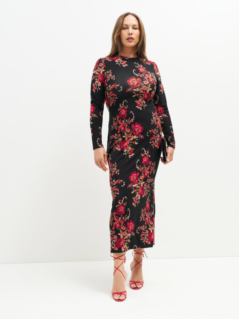 reformation tommie knit dress in Red Maxi dresses An undone bouquet is scattered across the verdant background of a soft knit dress mostly made from sustainable Tencel lyocell. Tommie Long Sleeve Stretch Dress