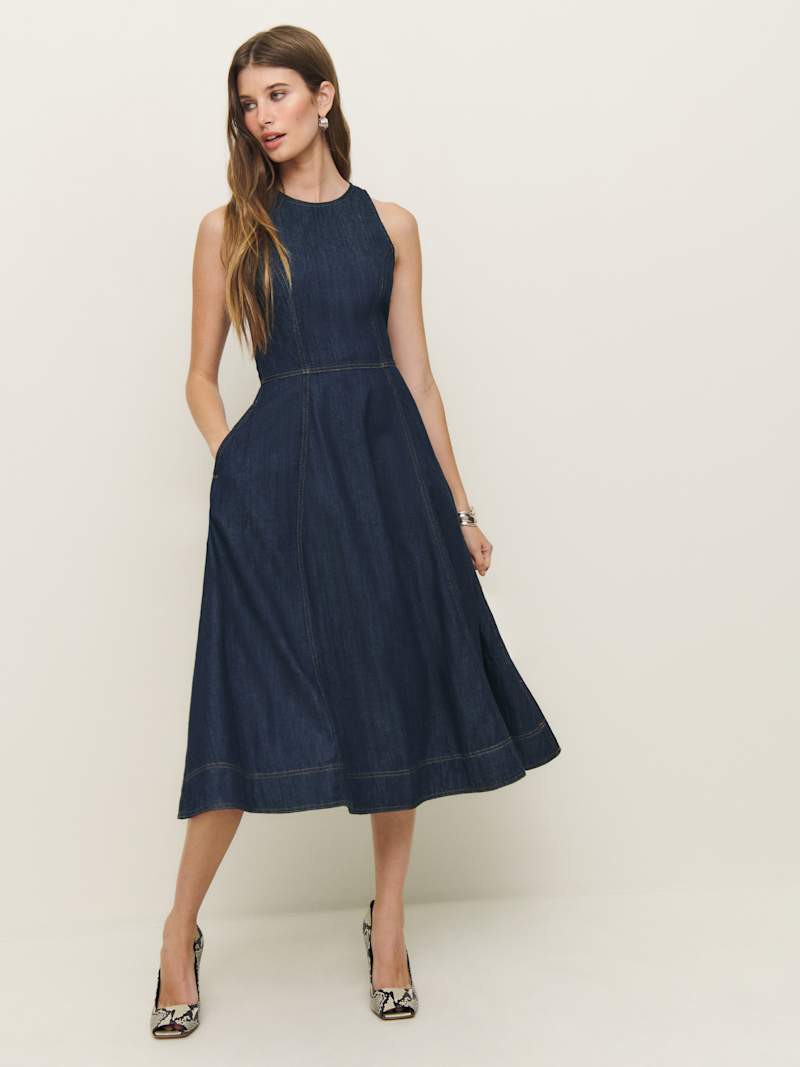 reformation denim dress Brown Girl and a central rear vent. Jaime Denim Dress