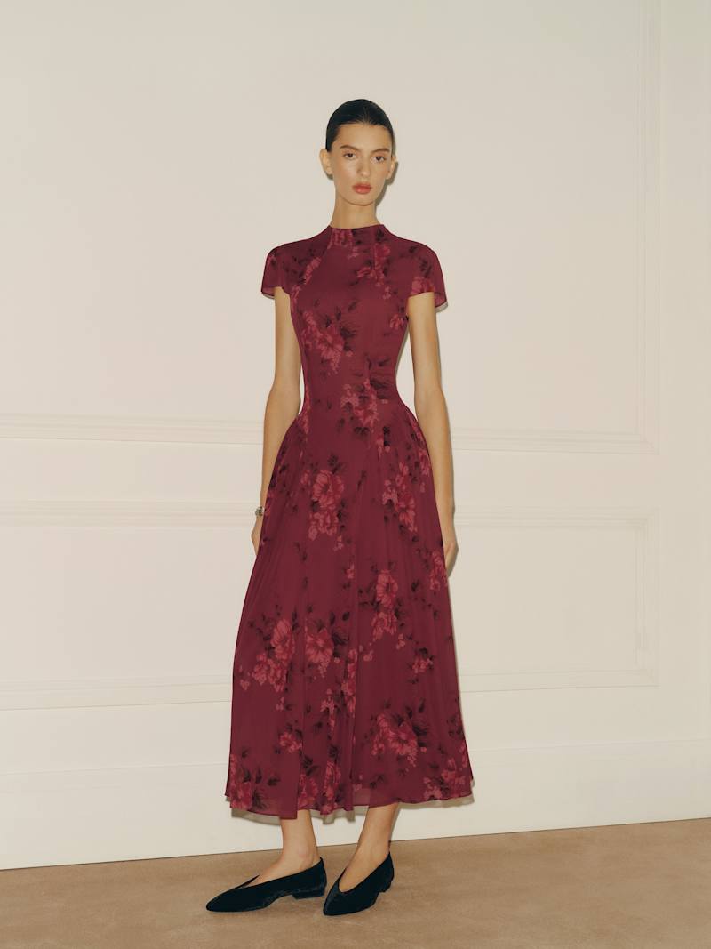 Reformation Maven Dress, a cap sleeve maxi with pleated skirt