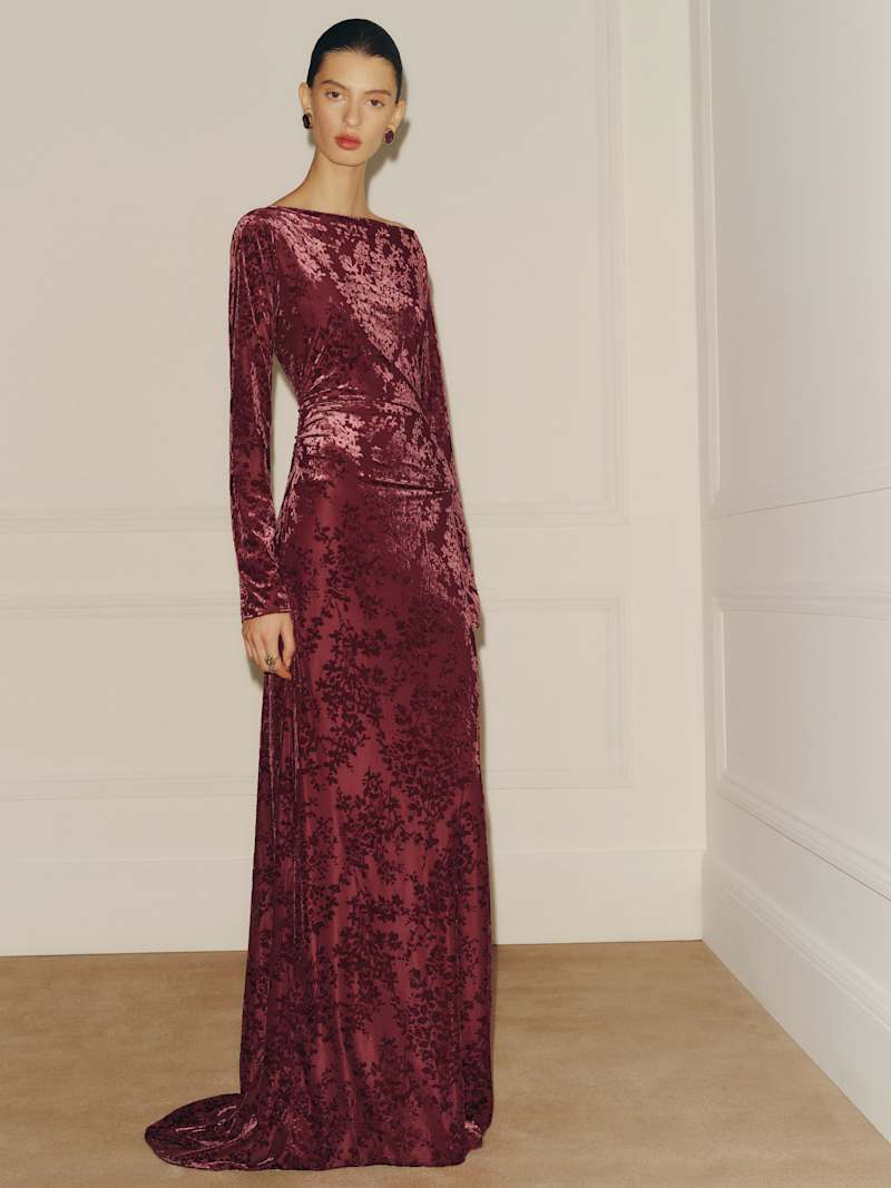 Reformation Donya Velvet Dress in Ardour, a long-sleeved crushed velvet maxi dress in deep wine red