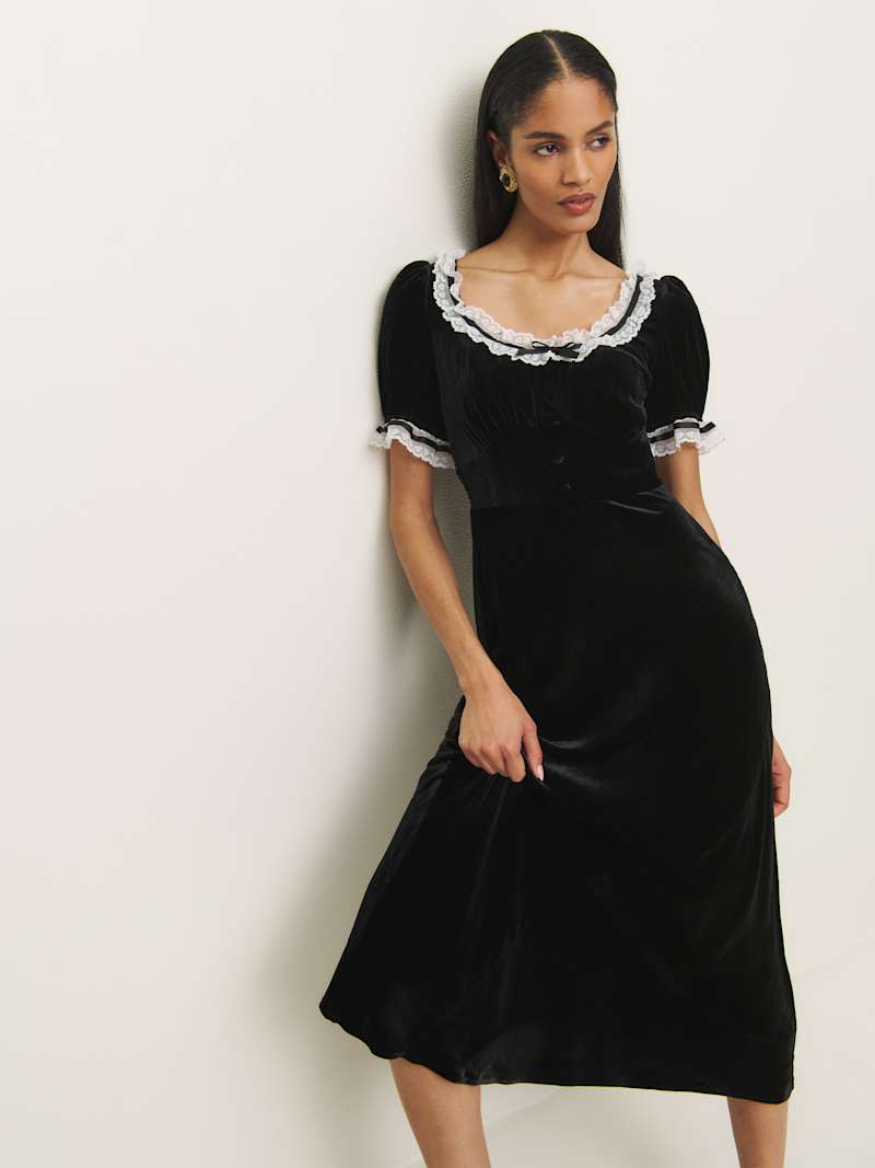 ANDRESD アンドレスド drape velour dress BLACK 3/4 Sleeve Wrap Bodice Full Skirt Black Velvet And Satin