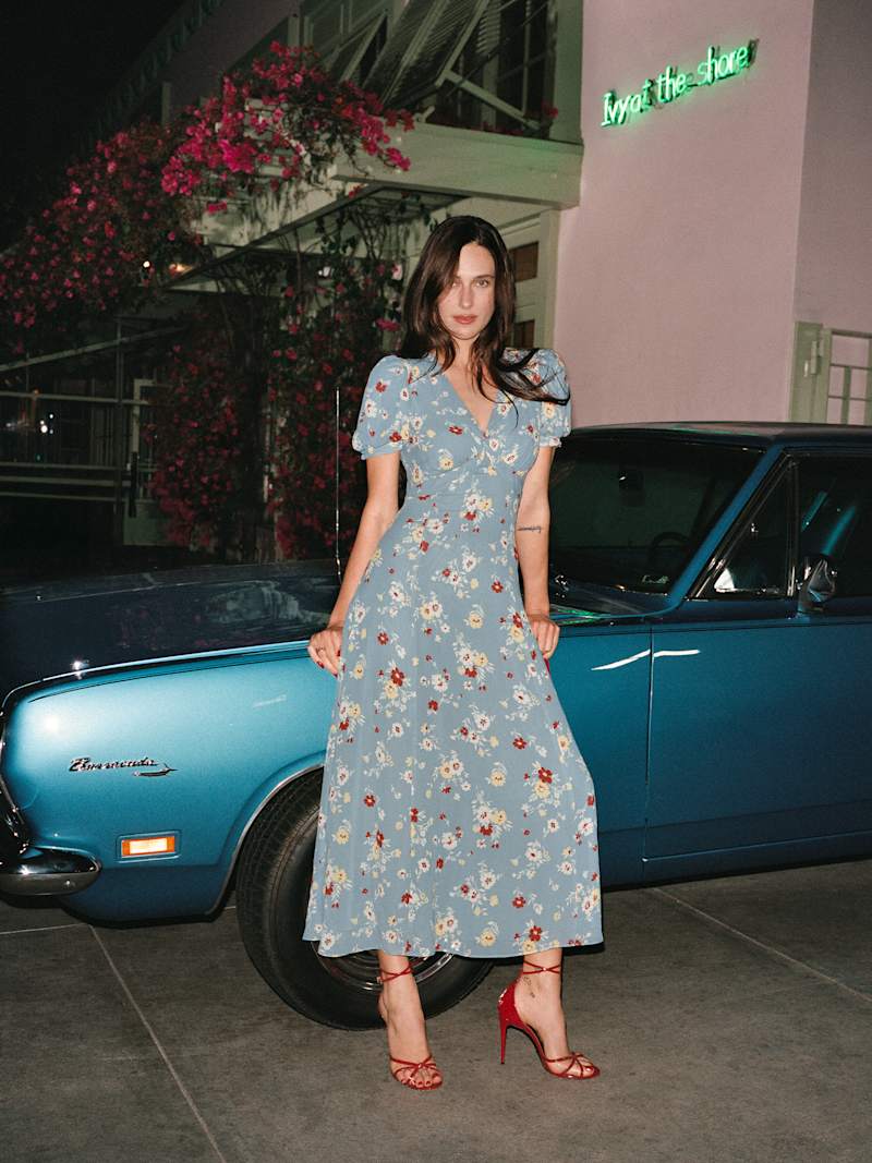 reformation blue floral midi dress Blue Moroccan Velvet wedding Kaftan dress for women main image 0