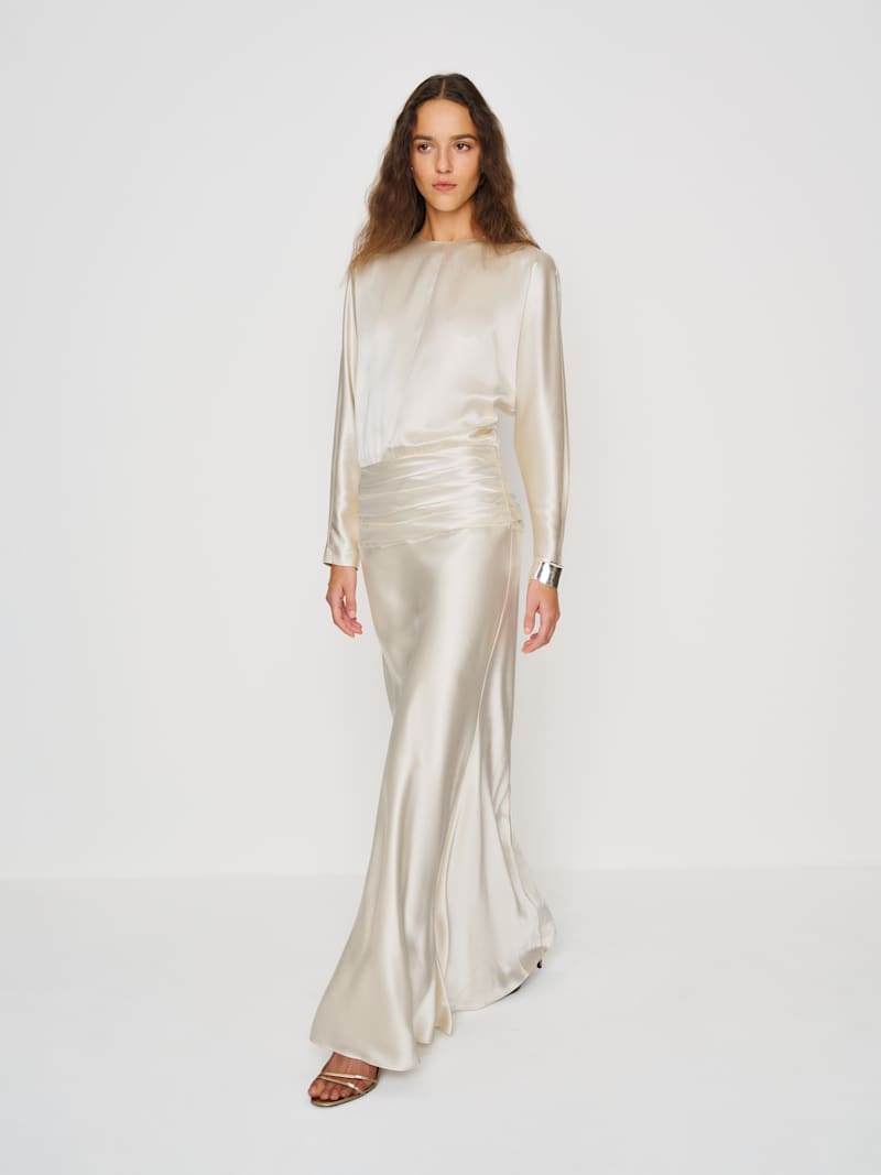 fitted lace wedding dress LaDivine 7475C Plus Size Formal Long Sleeve Satin Dress – The Dress Outlet
