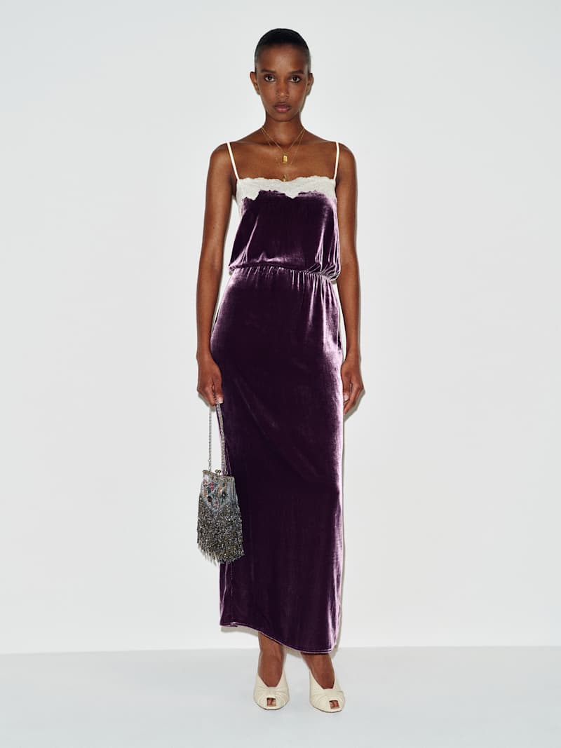 Reformation Fall 2026 Kalinka Velvet Dress in crushed violet