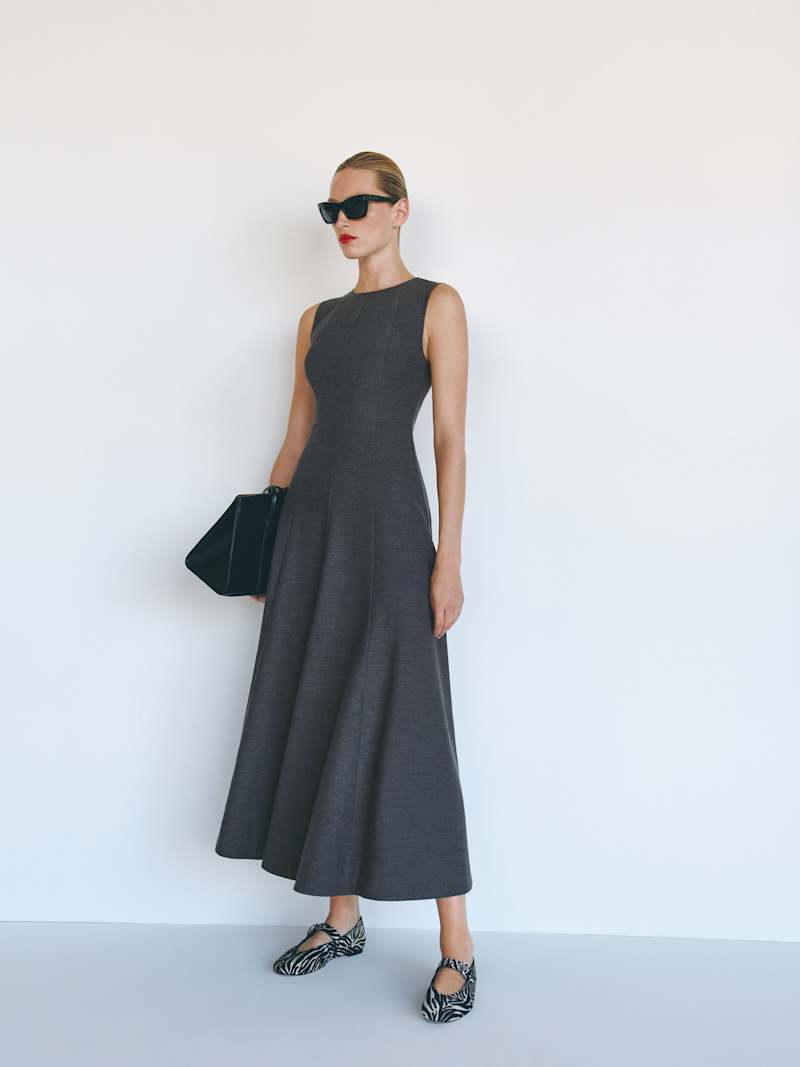 grey dress black heels Reformation Petites Cecilia | Dark dress pattern
