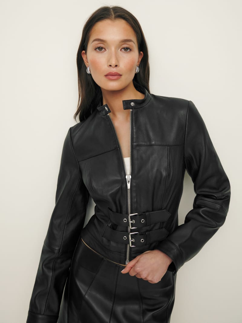 veda park tie waist leather jacket