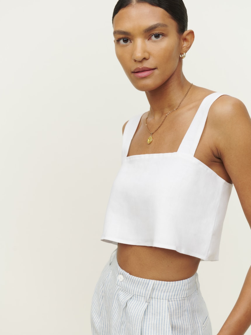 Reformation white cropped linen strap top. 