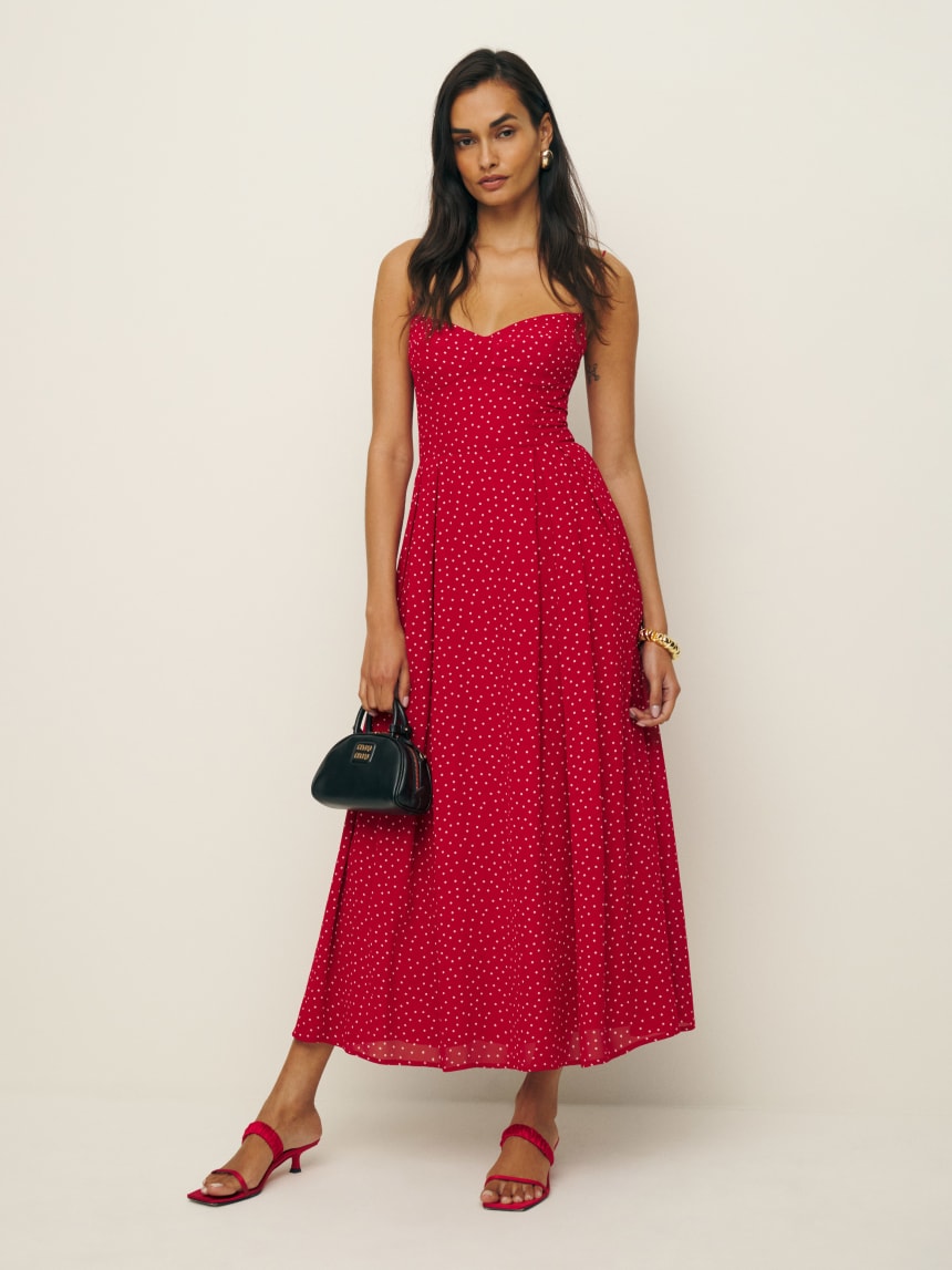 Reformation red and white polka dot spaghetti strap a line Jaelyn Dress. 