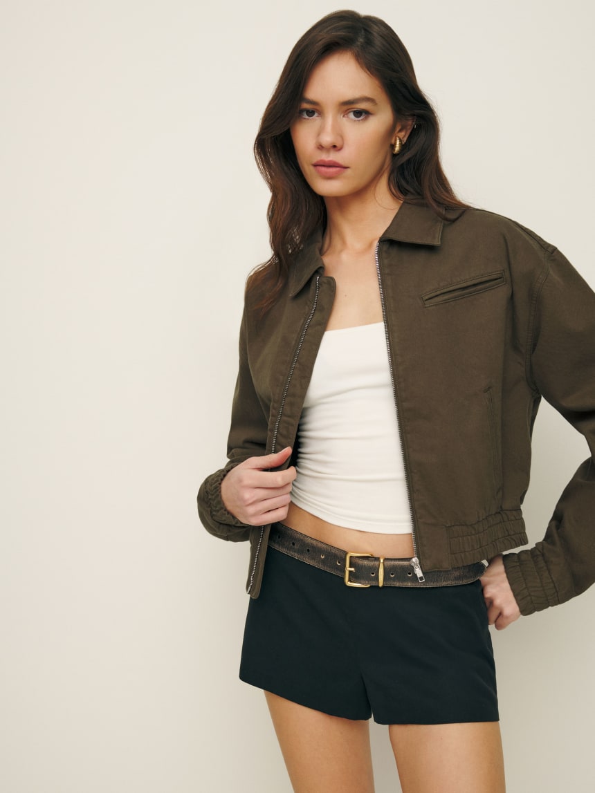 Kinsley Denim Cropped Bomber Jacket in kahki with zip fastening. 